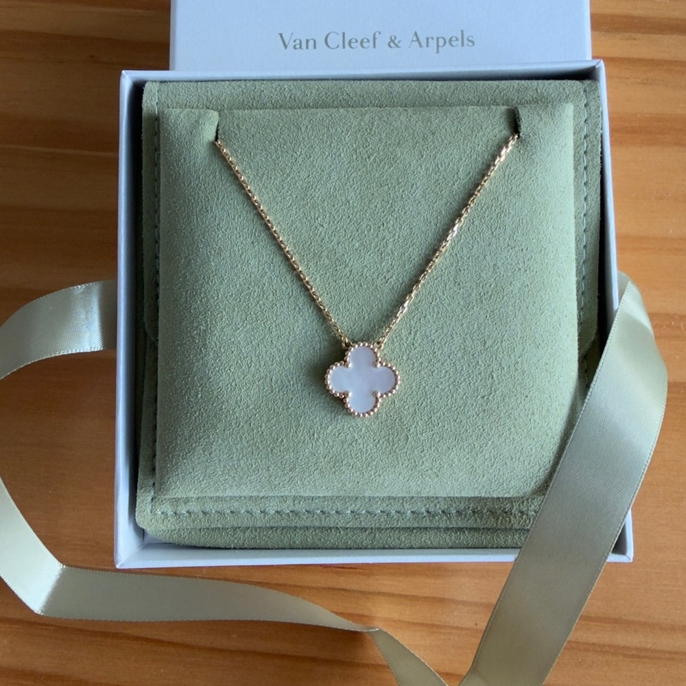 Van Cleef & Arpels Gold and White Clover Pendant Necklace